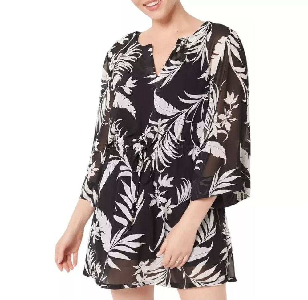 Jantzen Woven Printed Cover Up Tunic Dress Womens Medium Tropical Black Swim NEW
